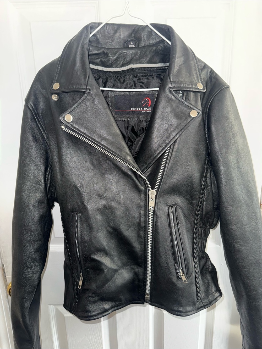 Redline Black Leather Asymmetric Moto Jacket with Braided Side Detail